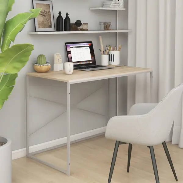 Gossi birou de computer, alb si stejar, 110x60x70 cm, lemn prelucrat