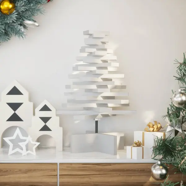 Gossi brad de craciun decorativ, alb, 60 cm, lemn de pin masiv