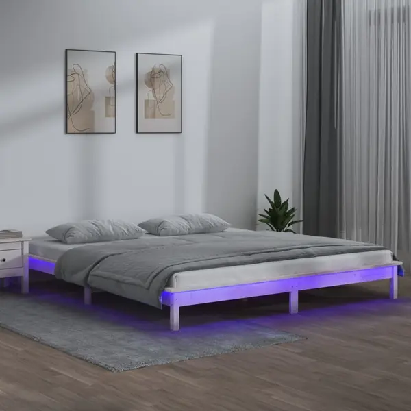 Gossi cadru de pat cu led, alb, 200x200 cm, lemn masiv