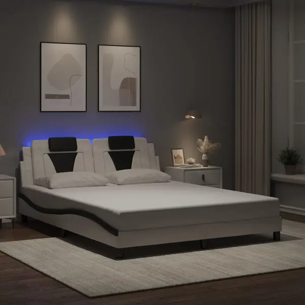 Gossi cadru de pat cu led, alb si negru, 160x200 cm, piele ecologica