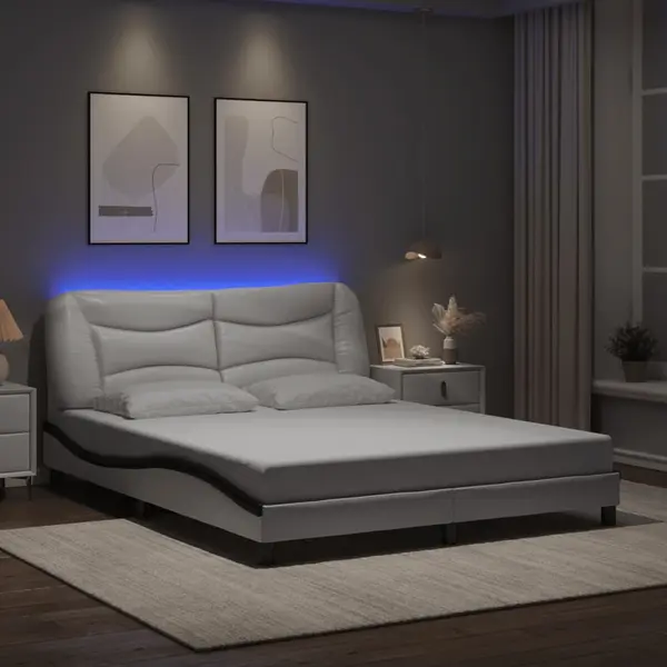 Gossi cadru de pat cu led, alb si negru, 160x200 cm, piele ecologica
