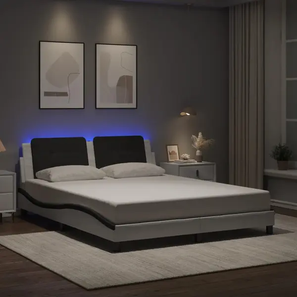 Gossi cadru de pat cu led, alb si negru, 160x200 cm, piele ecologica