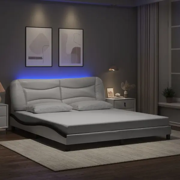 Gossi cadru de pat cu led, alb si negru, 180x200 cm, piele ecologica