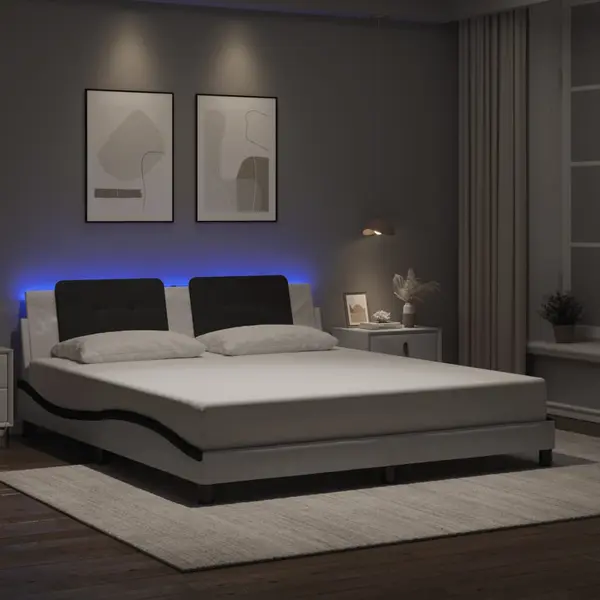 Gossi cadru de pat cu led, alb si negru, 180x200 cm, piele ecologica