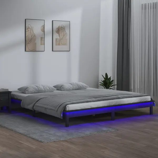 Gossi cadru de pat cu led, gri, 140x190 cm, lemn masiv