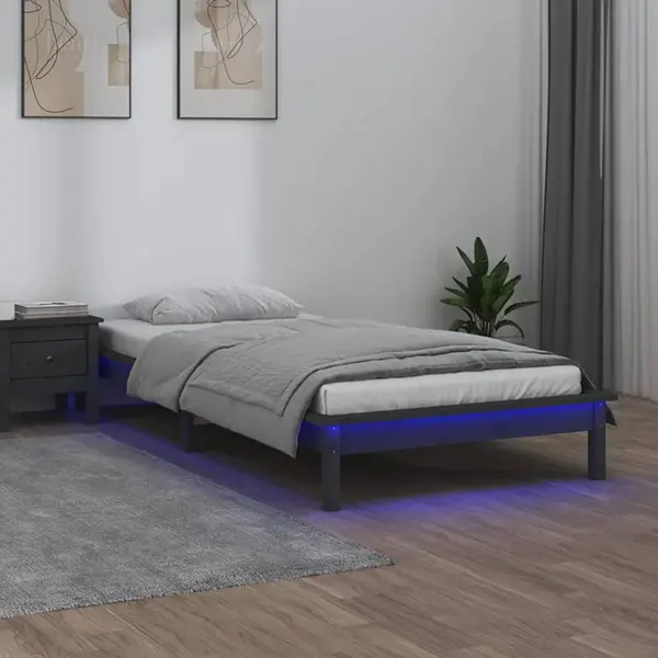 Gossi cadru de pat cu led, gri, 90x200 cm, lemn masiv