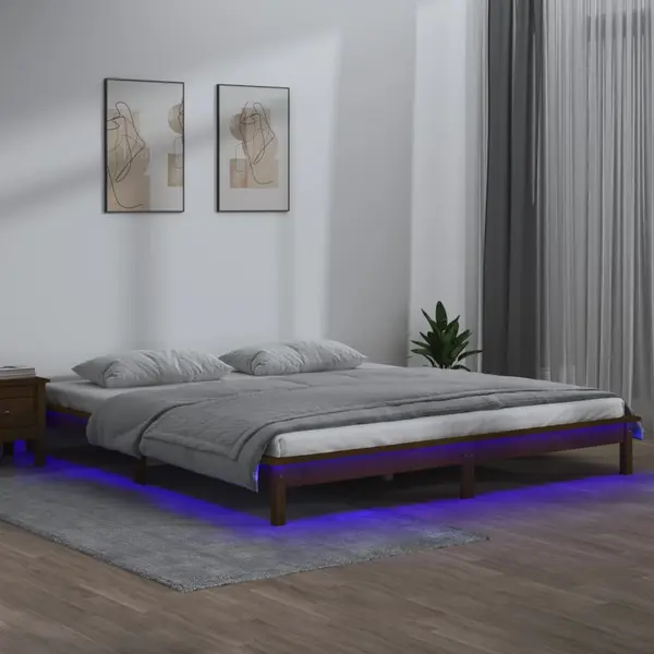 Gossi cadru de pat cu led, maro miere, 140x190 cm, lemn masiv