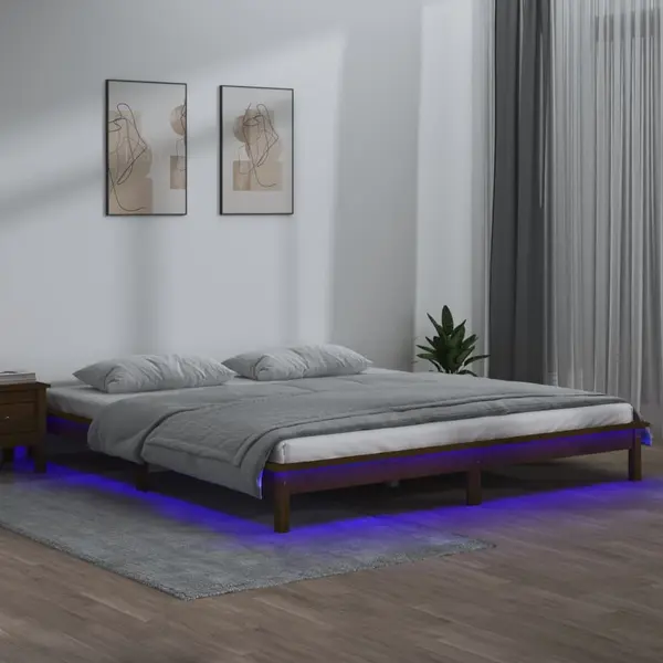 Gossi cadru de pat cu led, maro miere, 200x200 cm, lemn masiv