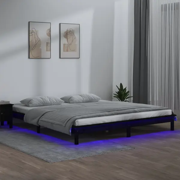 Gossi cadru de pat cu led, negru, 140x190 cm, lemn masiv