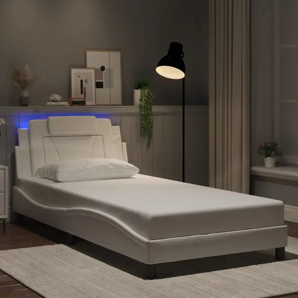 Gossi cadru de pat cu lumini led, alb, 100x200 cm, piele ecologica