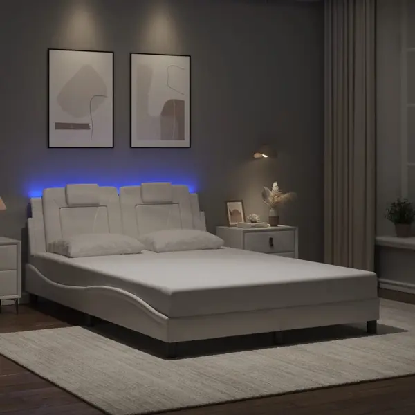 Gossi cadru de pat cu lumini led, alb, 140x190 cm, piele ecologica