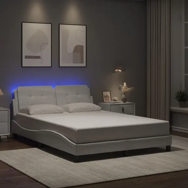 Gossi cadru de pat cu lumini led, alb, 140x190 cm, piele ecologica