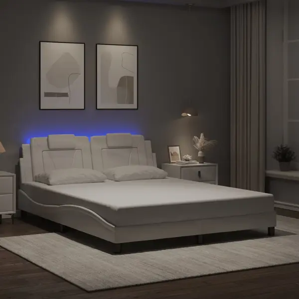 Gossi cadru de pat cu lumini led, alb, 160x200 cm, piele ecologica