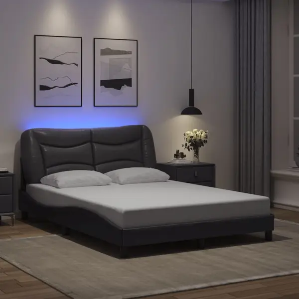 Gossi cadru de pat cu lumini led, gri, 140x200 cm, piele ecologica