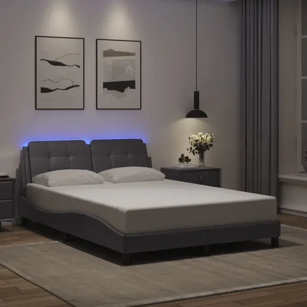 Gossi cadru de pat cu lumini led, gri, 140x200 cm, piele ecologica
