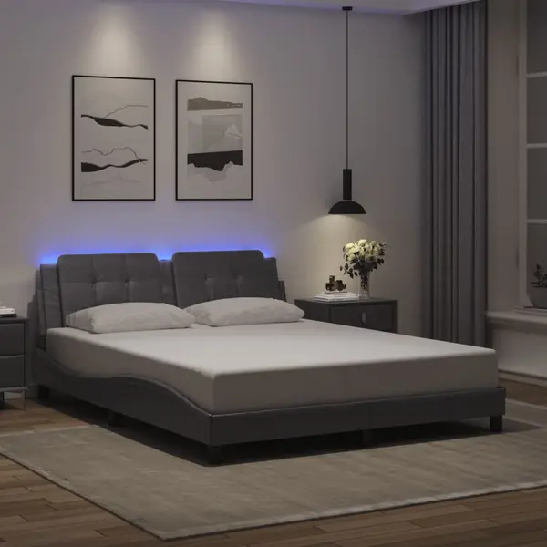 Gossi cadru de pat cu lumini led, gri, 160x200 cm, piele ecologica