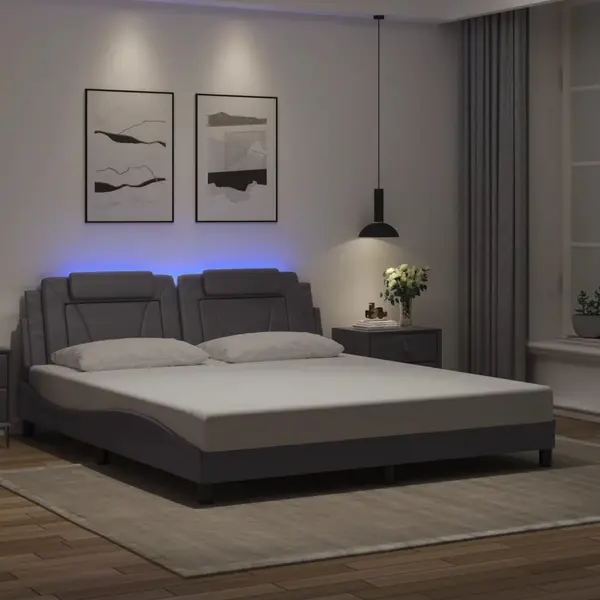 Gossi cadru de pat cu lumini led, gri, 180x200 cm, piele ecologica