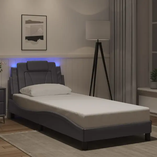 Gossi cadru de pat cu lumini led, gri, 90x200 cm, piele ecologica