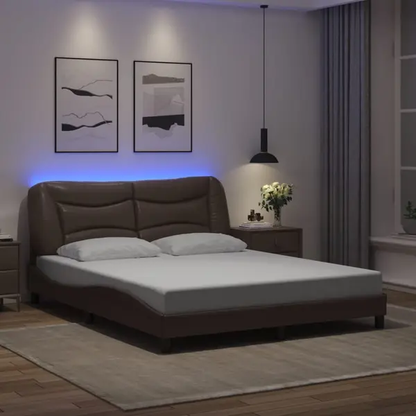 Gossi cadru de pat cu lumini led, maro, 160x200 cm, piele ecologica