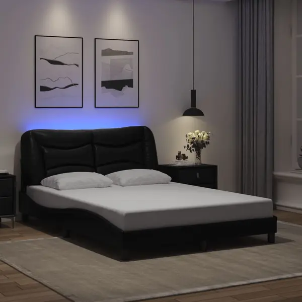 Gossi cadru de pat cu lumini led, negru, 140x200 cm, piele ecologica