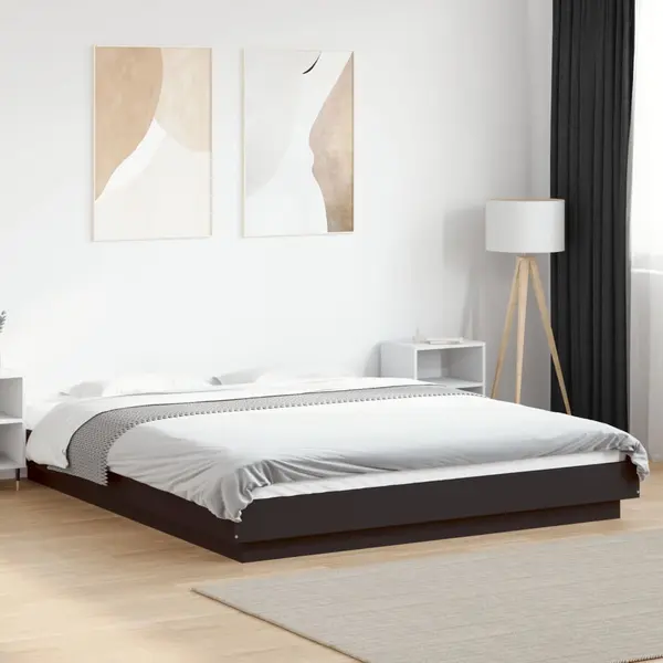 Gossi cadru de pat cu lumini led, negru, 150x200 cm, lemn prelucrat