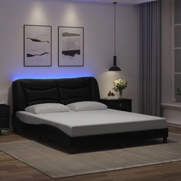 Gossi cadru de pat cu lumini led, negru, 160x200 cm, piele ecologica