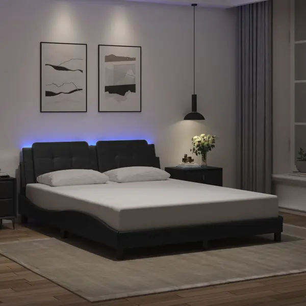 Gossi cadru de pat cu lumini led, negru, 160x200 cm, piele ecologica