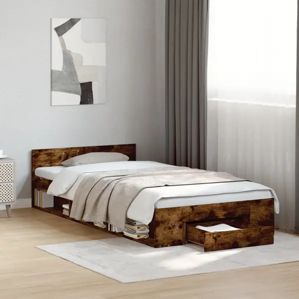Gossi cadru de pat cu sertar stejar fumuriu 75x190 cm lemn prelucrat