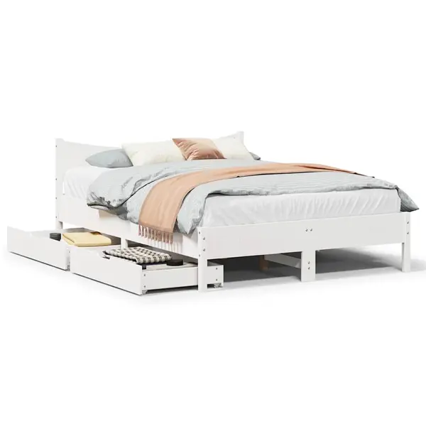Gossi cadru de pat cu sertare, alb, 135x190 cm, lemn masiv de pin
