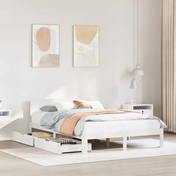 Gossi cadru de pat cu sertare, alb, 140x190 cm, lemn masiv de pin