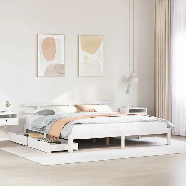 Gossi cadru de pat cu sertare, alb, 180x200 cm, lemn masiv pin