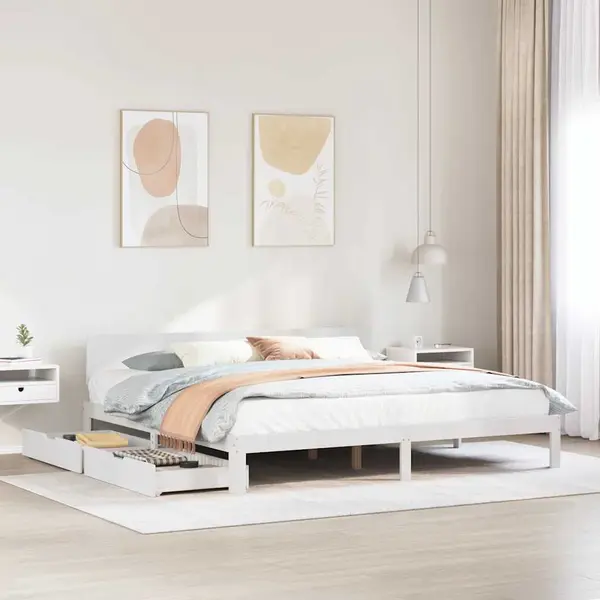 Gossi cadru de pat cu sertare, alb, 180x200 cm, lemn masiv pin