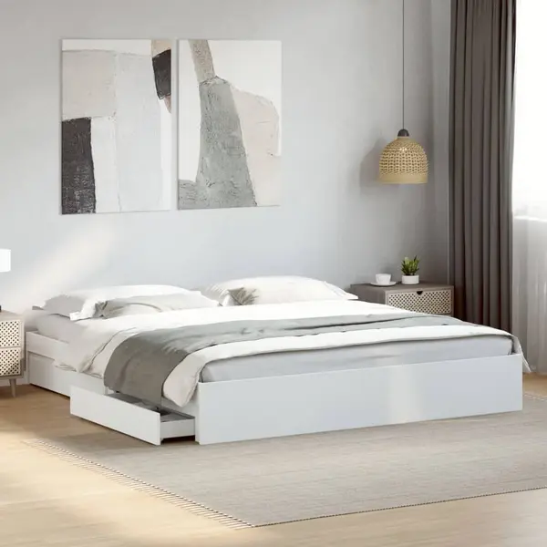 Gossi cadru de pat cu sertare alb 200x200 cm lemn prelucrat