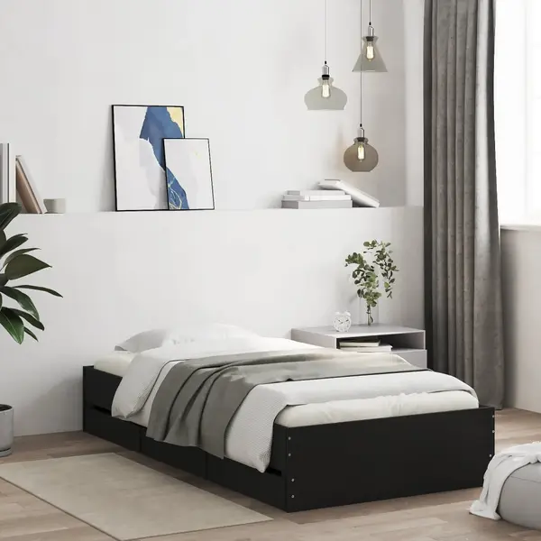 Gossi cadru de pat cu sertare, negru, 90x200 cm, lemn prelucrat