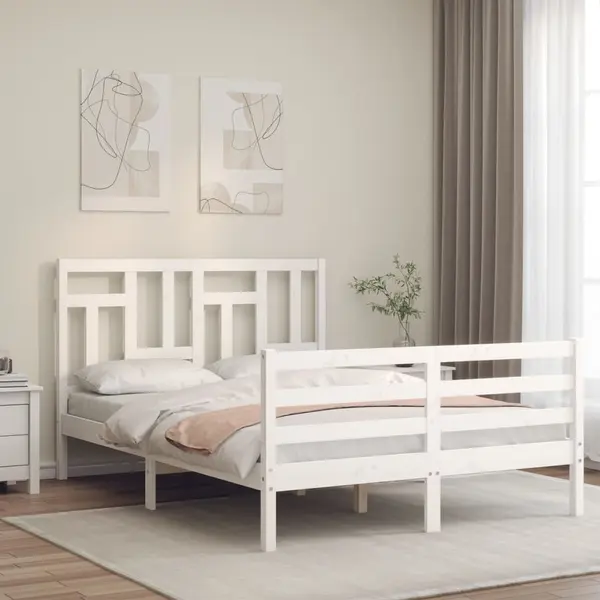 Gossi cadru de pat cu tablie, 140x190 cm, alb, lemn masiv