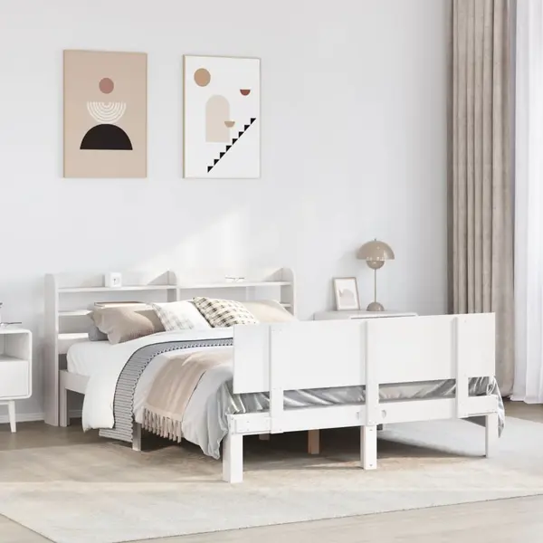 Gossi cadru de pat cu tablie, alb, 135x190 cm, lemn masiv de pin