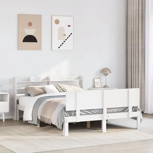 Gossi cadru de pat cu tablie, alb, 140x190 cm, lemn masiv de pin