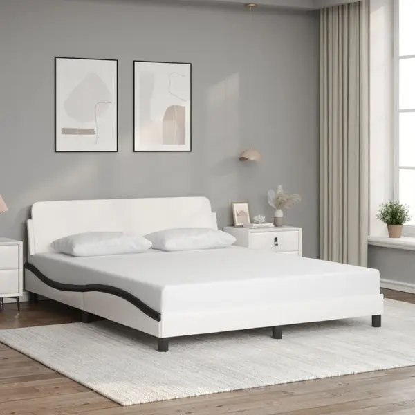 Gossi cadru de pat cu tablie, alb/negru, 160x200 cm, piele ecologica