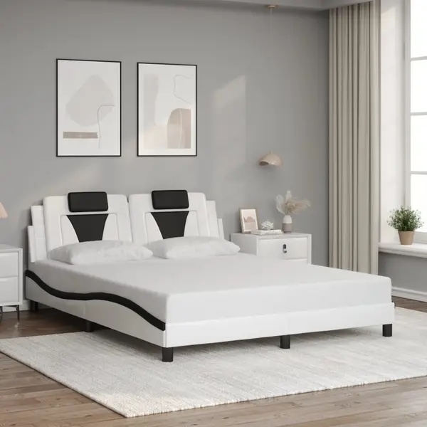 Gossi cadru de pat cu tablie, alb/negru, 160x200 cm, piele ecologica