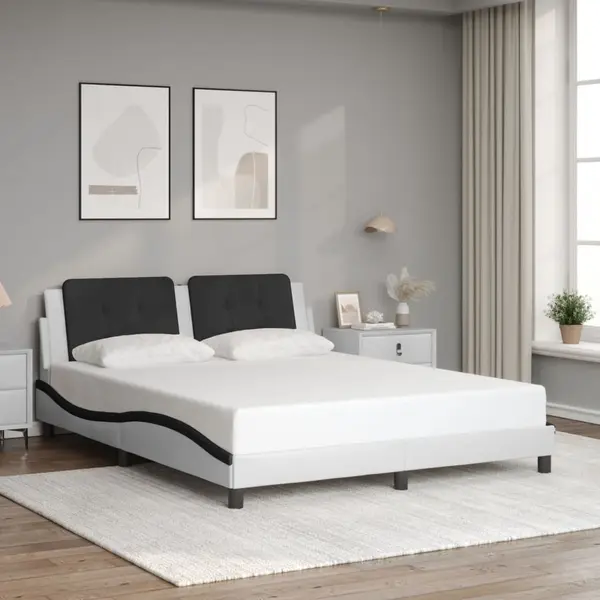 Gossi cadru de pat cu tablie, alb/negru, 160x200 cm, piele ecologica