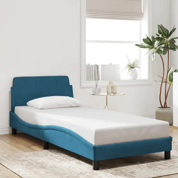 Gossi cadru de pat cu tablie, albastru, 90x190 cm, catifea