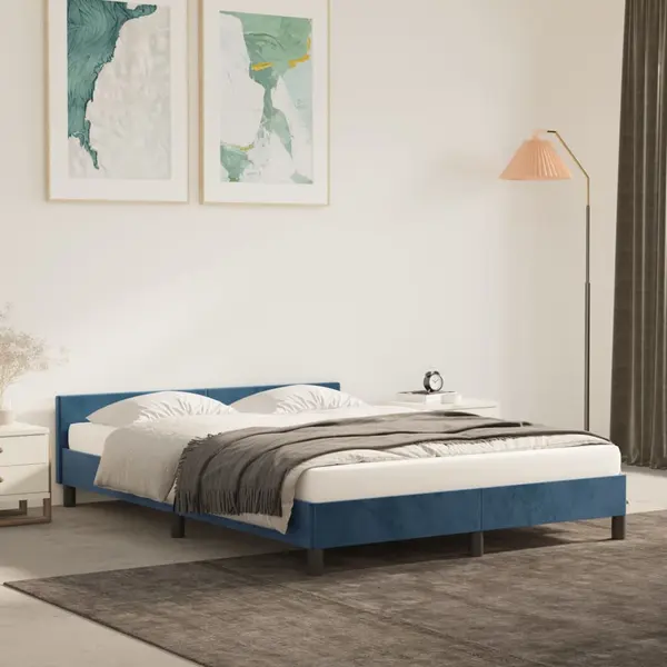 Gossi cadru de pat cu tablie, albastru inchis, 140x190 cm, catifea
