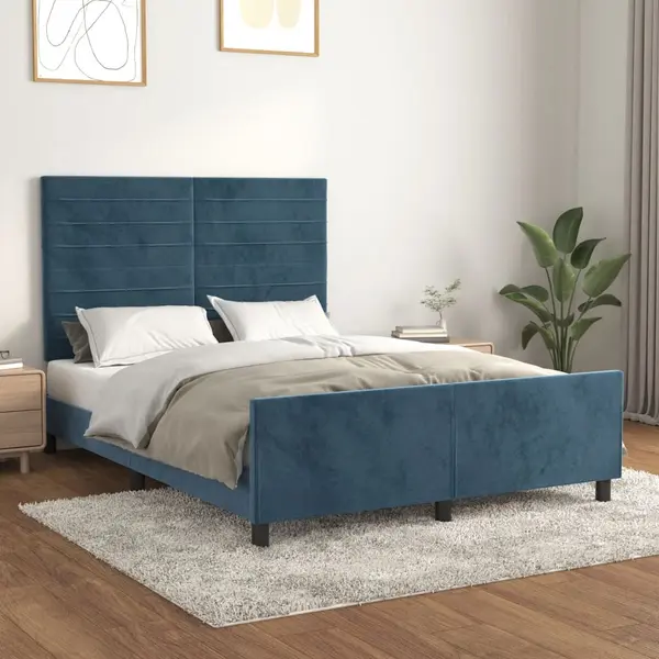 Gossi cadru de pat cu tablie, albastru inchis, 140x190 cm, catifea