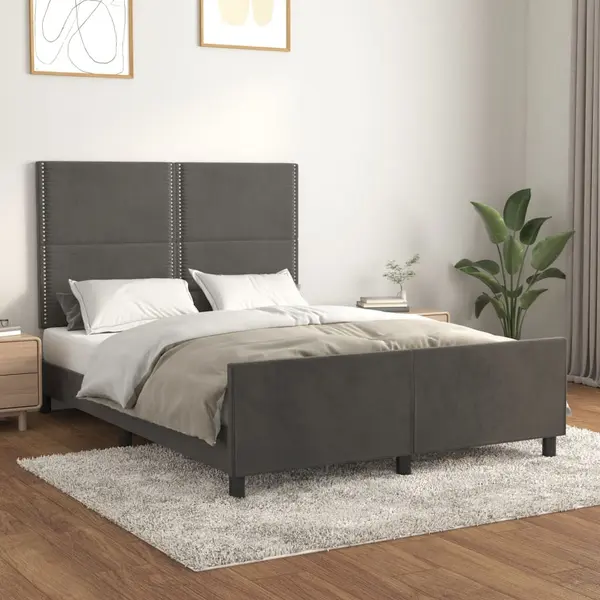 Gossi cadru de pat cu tablie, gri inchis, 140x190 cm, catifea
