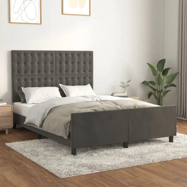 Gossi cadru de pat cu tablie, gri inchis, 140x190 cm, catifea