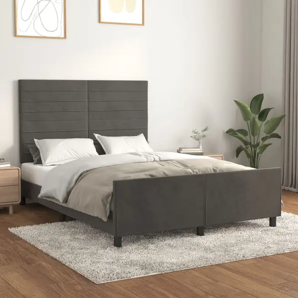 Gossi cadru de pat cu tablie, gri inchis, 140x190 cm, catifea
