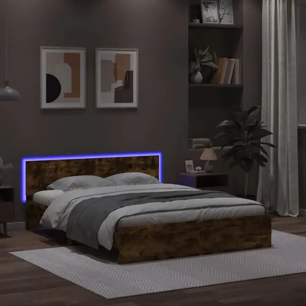 Gossi cadru de pat cu tablie si led, stejar fumuriu, 160x200 cm