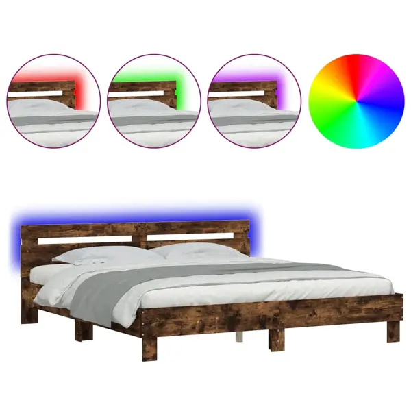 Gossi cadru de pat cu tablie si led, stejar fumuriu, 180x200 cm