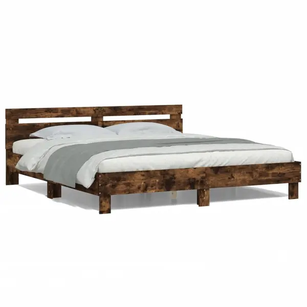 Gossi cadru de pat cu tablie si led, stejar fumuriu, 200x200 cm