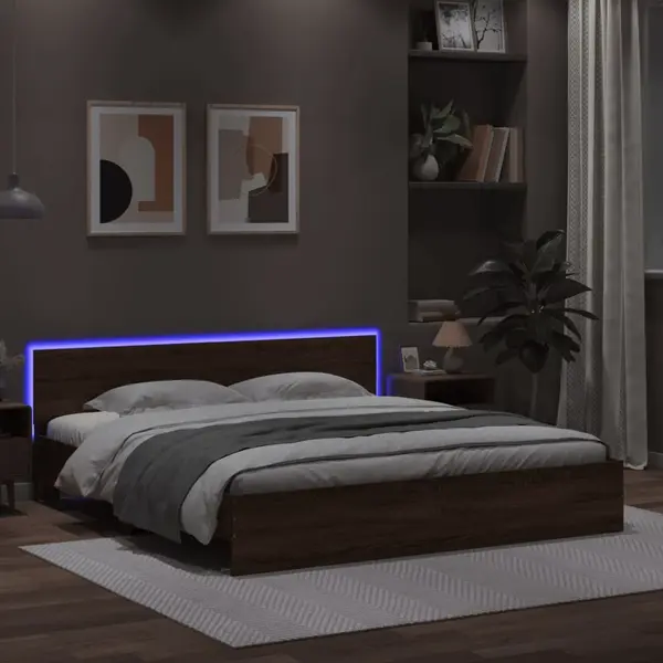 Gossi cadru de pat cu tablie si led, stejar maro, 200x200 cm